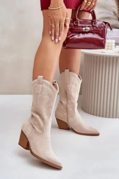 Damskie Boto Damskie Kozaki Kowbojki Na Słupku Z Eko Zamszu Jasnobeżowe Wendlis