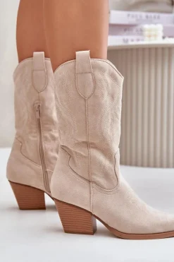 Damskie Boto Damskie Kozaki Kowbojki Na Słupku Z Eko Zamszu Jasnobeżowe Wendlis