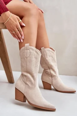 Damskie Boto Damskie Kozaki Kowbojki Na Słupku Z Eko Zamszu Jasnobeżowe Wendlis