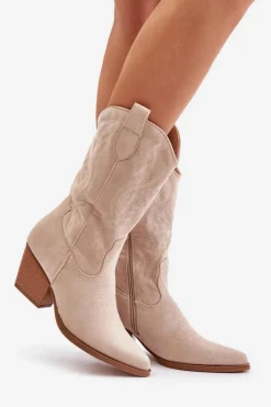 Damskie Boto Damskie Kozaki Kowbojki Na Słupku Z Eko Zamszu Jasnobeżowe Wendlis