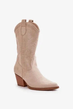 Damskie Boto Damskie Kozaki Kowbojki Na Słupku Z Eko Zamszu Jasnobeżowe Wendlis