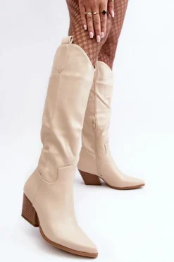 Boto Kozaki Wiosenne|Kozaki Przed Kolano*Damskie Kozaki Kowbojki Na Obcasie Jasnobeżowe Kaspella