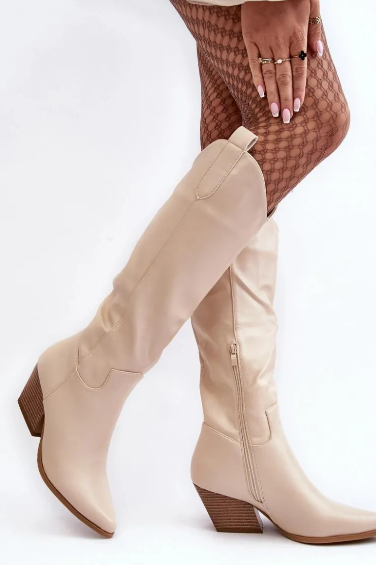 Boto Kozaki Wiosenne|Kozaki Przed Kolano*Damskie Kozaki Kowbojki Na Obcasie Jasnobeżowe Kaspella