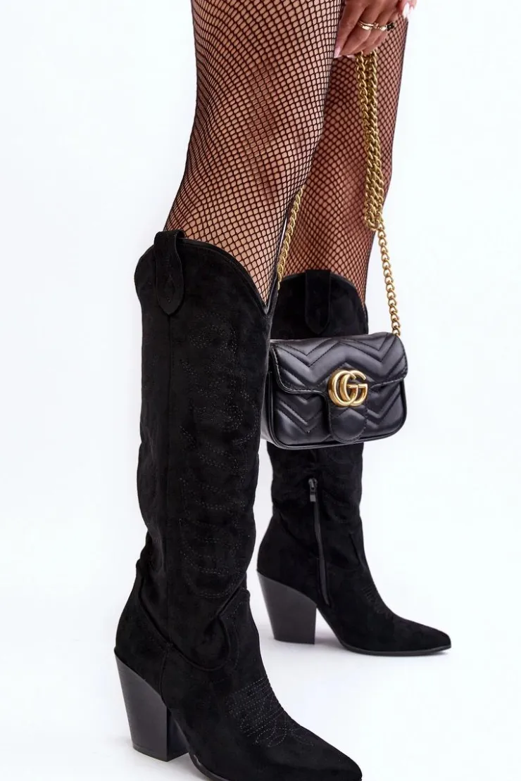 New Boto Damskie Kozaki Kowbojki Na Obcasie Czarne Tomani