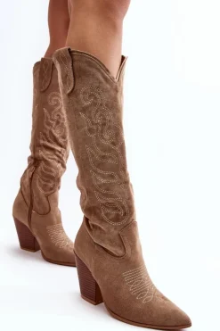 Best Boto Damskie Kozaki Kowbojki Na Obcasie Beżowe Tomani