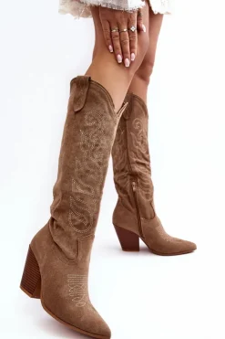 Best Boto Damskie Kozaki Kowbojki Na Obcasie Beżowe Tomani