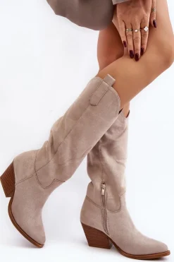 New Boto Damskie Kozaki Kowbojki Na Obcasie Przed Kolano Jasnobeżowe Oppore