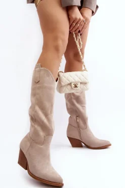 New Boto Damskie Kozaki Kowbojki Na Obcasie Przed Kolano Jasnobeżowe Oppore