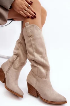 New Boto Damskie Kozaki Kowbojki Na Obcasie Przed Kolano Jasnobeżowe Oppore