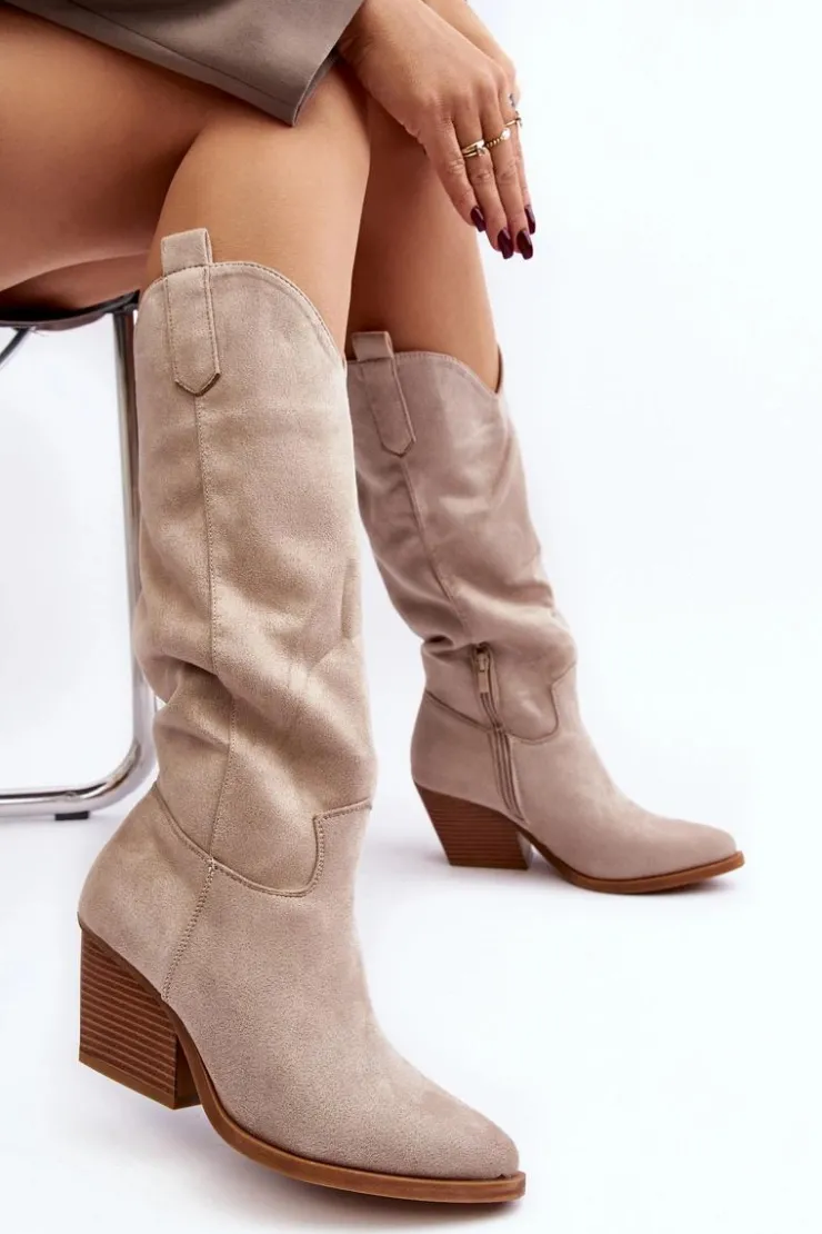 New Boto Damskie Kozaki Kowbojki Na Obcasie Przed Kolano Jasnobeżowe Oppore