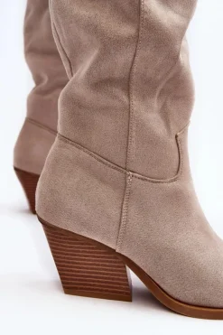 New Boto Damskie Kozaki Kowbojki Na Obcasie Przed Kolano Jasnobeżowe Oppore