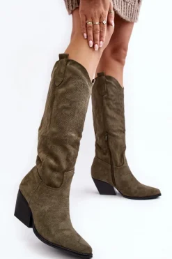 Boto Kozaki Wiosenne|Kozaki Przed Kolano*Damskie Kozaki Kowbojki Na Słupku Zielone Sloana
