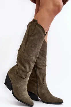 Boto Kozaki Wiosenne|Kozaki Przed Kolano*Damskie Kozaki Kowbojki Na Słupku Zielone Sloana