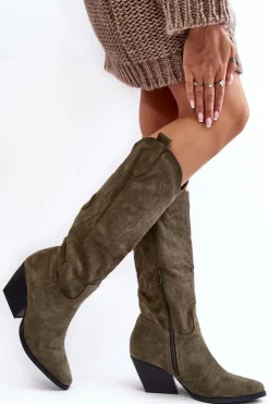 Boto Kozaki Wiosenne|Kozaki Przed Kolano*Damskie Kozaki Kowbojki Na Słupku Zielone Sloana