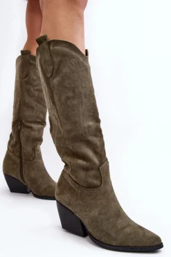 Boto Kozaki Wiosenne|Kozaki Przed Kolano*Damskie Kozaki Kowbojki Na Słupku Zielone Sloana
