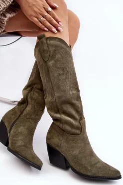 Boto Kozaki Wiosenne|Kozaki Przed Kolano*Damskie Kozaki Kowbojki Na Słupku Zielone Sloana