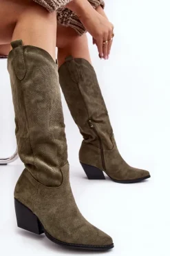 Boto Kozaki Wiosenne|Kozaki Przed Kolano*Damskie Kozaki Kowbojki Na Słupku Zielone Sloana