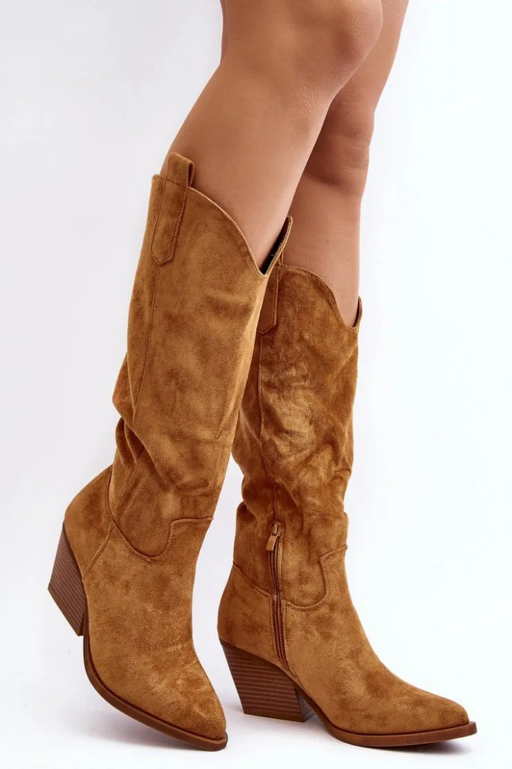 Discount Boto Damskie Kozaki Kowbojki Na Obcasie Przed Kolano Camel Oppore