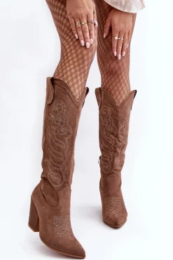 Boto Kozaki Wiosenne|Kozaki Przed Kolano*Damskie Kozaki Kowbojki Na Obcasie Ciemnobeżowe Tomani