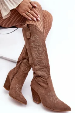 Boto Kozaki Wiosenne|Kozaki Przed Kolano*Damskie Kozaki Kowbojki Na Obcasie Ciemnobeżowe Tomani