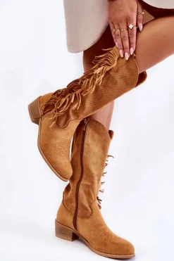 Online Boto Damskie Kozaki Kowbojki Zamszowe Z Frędzlami Camel Haddy