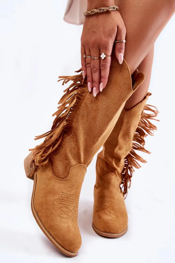 Online Boto Damskie Kozaki Kowbojki Zamszowe Z Frędzlami Camel Haddy