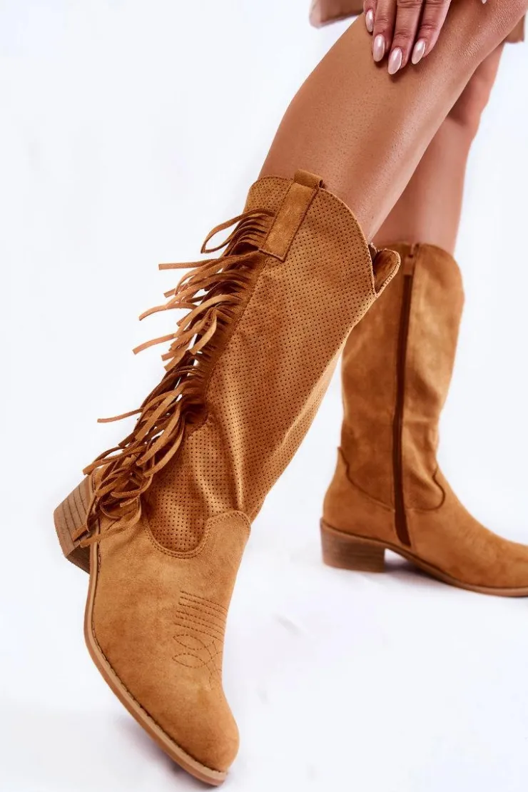 Online Boto Damskie Kozaki Kowbojki Zamszowe Z Frędzlami Camel Haddy