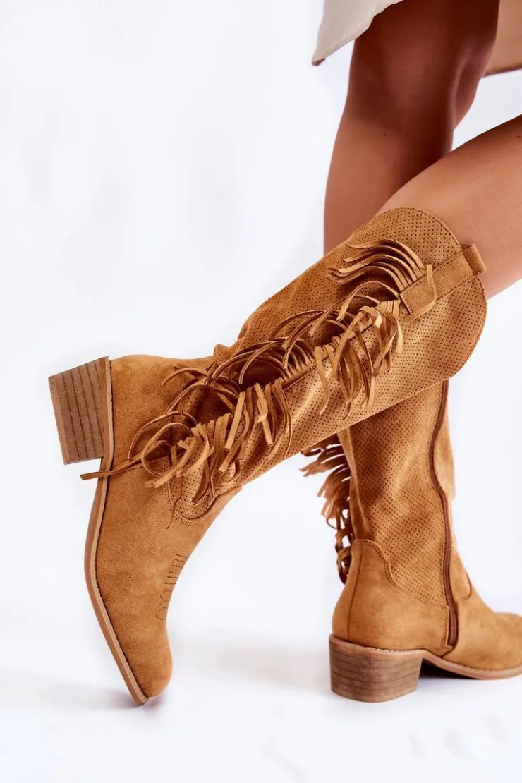 Online Boto Damskie Kozaki Kowbojki Zamszowe Z Frędzlami Camel Haddy