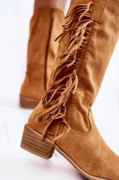 Online Boto Damskie Kozaki Kowbojki Zamszowe Z Frędzlami Camel Haddy