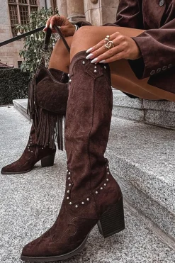 Damskie Boto Damskie Kozaki Kowbojki Ze Zdobieniem Na Słupku Czekoladowe Darella