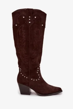 Damskie Boto Damskie Kozaki Kowbojki Ze Zdobieniem Na Słupku Czekoladowe Darella