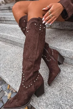 Damskie Boto Damskie Kozaki Kowbojki Ze Zdobieniem Na Słupku Czekoladowe Darella