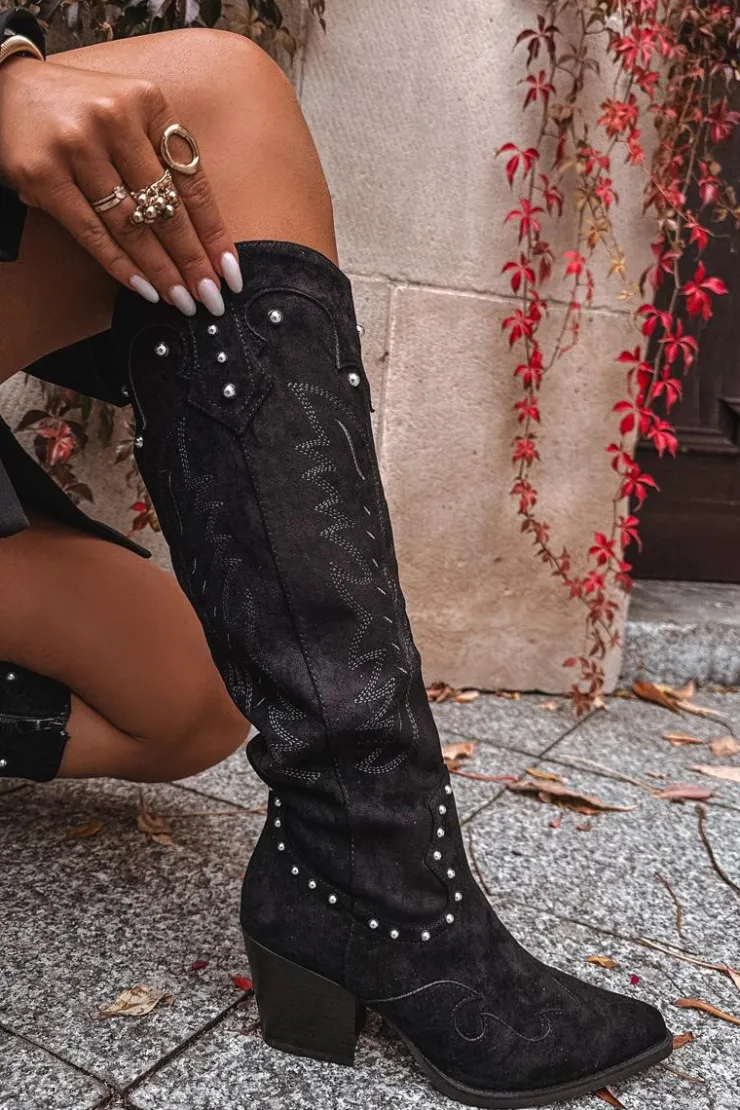 Clearance Boto Damskie Kozaki Kowbojki Ze Zdobieniem Na Słupku Czarne Darella Czarny