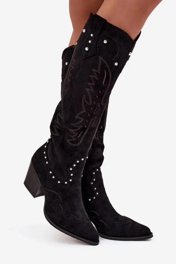 Clearance Boto Damskie Kozaki Kowbojki Ze Zdobieniem Na Słupku Czarne Darella Czarny