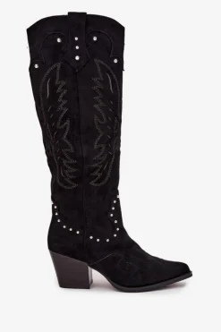 Clearance Boto Damskie Kozaki Kowbojki Ze Zdobieniem Na Słupku Czarne Darella Czarny
