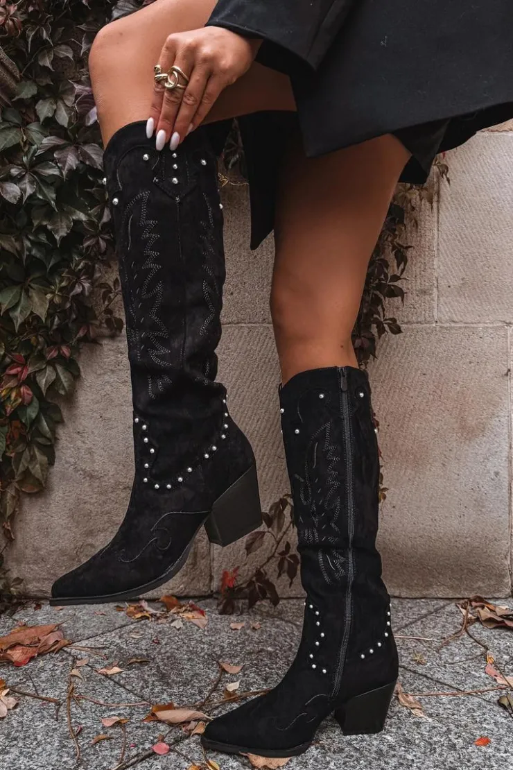 Clearance Boto Damskie Kozaki Kowbojki Ze Zdobieniem Na Słupku Czarne Darella Czarny