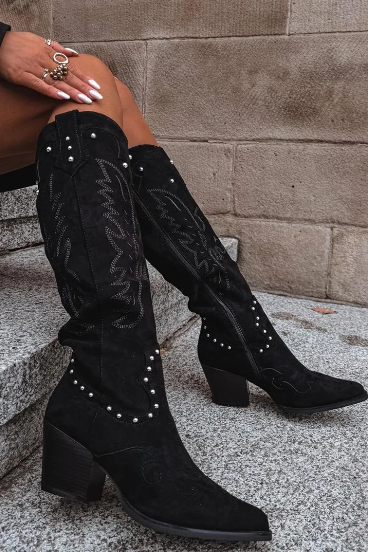 Clearance Boto Damskie Kozaki Kowbojki Ze Zdobieniem Na Słupku Czarne Darella Czarny