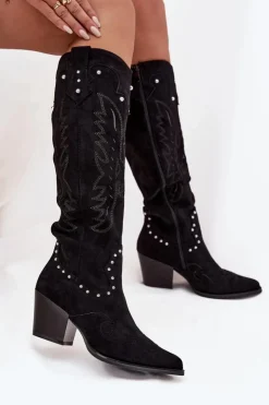 Clearance Boto Damskie Kozaki Kowbojki Ze Zdobieniem Na Słupku Czarne Darella Czarny