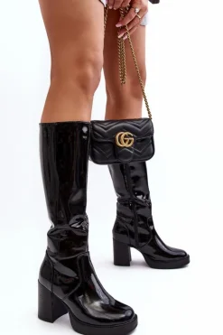 Damskie Boto Damskie Kozaki Lakierowane Na Słupku Czarne Efatina