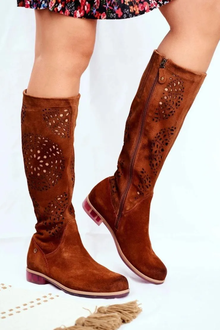 Maciejka Kozaki Wiosenne|Kozaki Ażurowe*Damskie Kozaki Skórzane Ażurowe Camel 04525-29