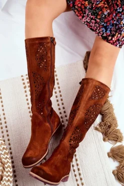 Maciejka Kozaki Wiosenne|Kozaki Ażurowe*Damskie Kozaki Skórzane Ażurowe Camel 04525-29