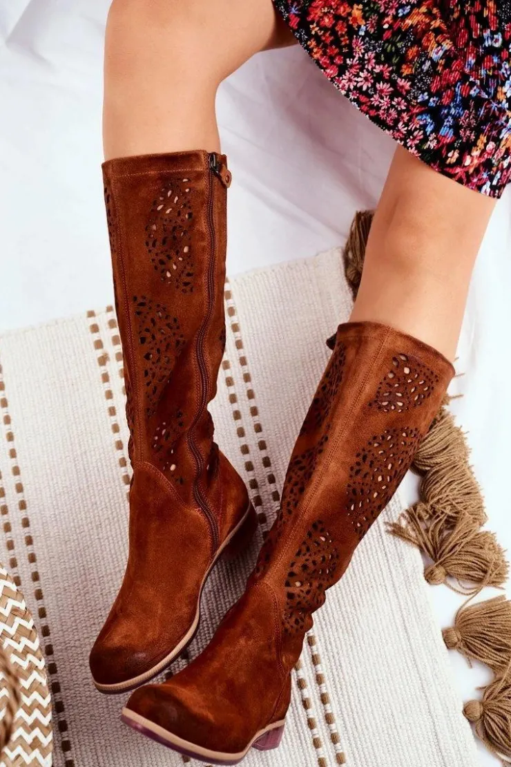 Maciejka Kozaki Wiosenne|Kozaki Ażurowe*Damskie Kozaki Skórzane Ażurowe Camel 04525-29