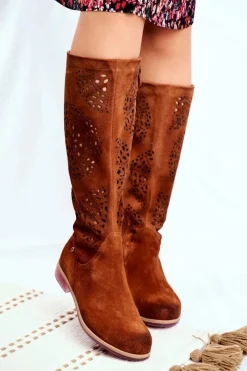 Maciejka Kozaki Wiosenne|Kozaki Ażurowe*Damskie Kozaki Skórzane Ażurowe Camel 04525-29
