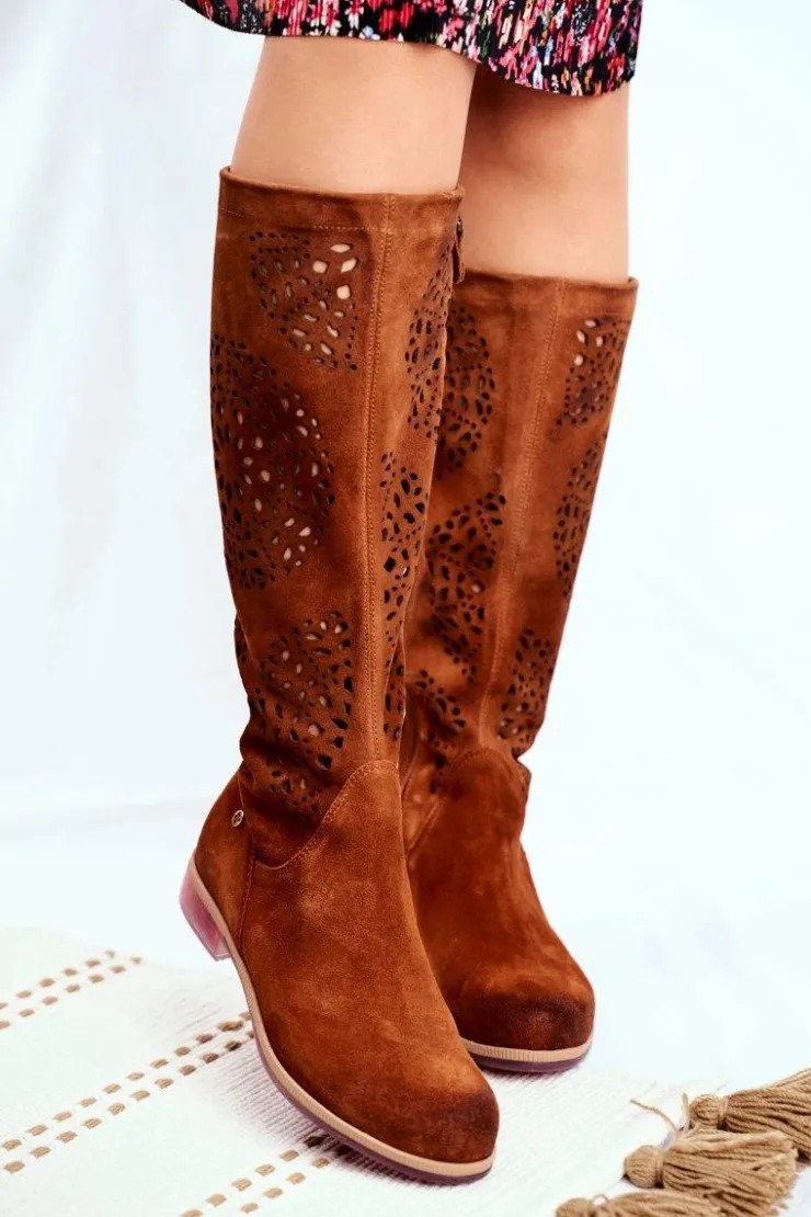 Maciejka Kozaki Wiosenne|Kozaki Ażurowe*Damskie Kozaki Skórzane Ażurowe Camel 04525-29