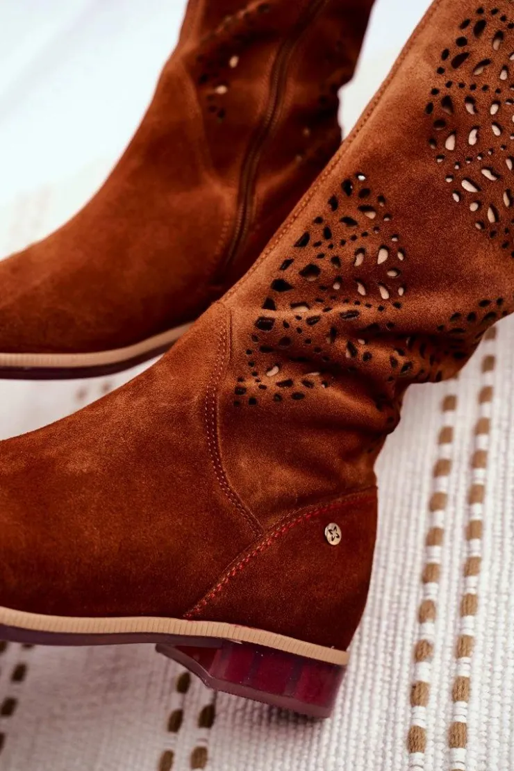 Maciejka Kozaki Wiosenne|Kozaki Ażurowe*Damskie Kozaki Skórzane Ażurowe Camel 04525-29