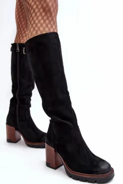 Buty damskie Vinceza Kozaki Na Obcasie|Kozaki Zamszowe*Damskie Kozaki Na Masywnym Słupku Ocieplane Czarne Alzeta