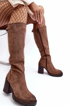 Hot Buty damskie Vinceza Damskie Kozaki Na Masywnym Słupku Ocieplane Ciemnobeżowe Alzeta