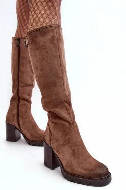 Hot Buty damskie Vinceza Damskie Kozaki Na Masywnym Słupku Ocieplane Ciemnobeżowe Alzeta