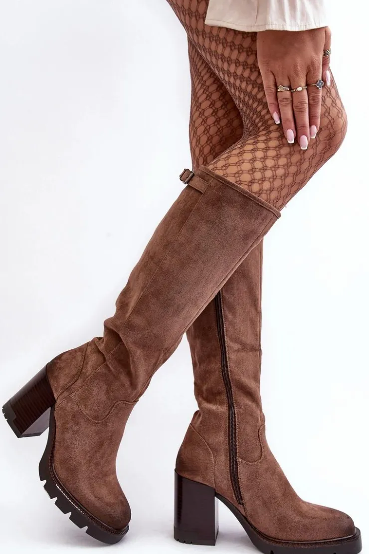 Hot Buty damskie Vinceza Damskie Kozaki Na Masywnym Słupku Ocieplane Ciemnobeżowe Alzeta