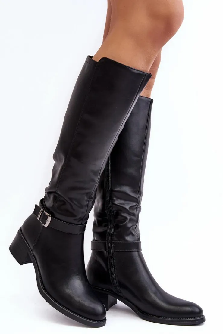 Damskie Buty Sergio Leone Damskie Kozaki Na Niskim Obcasie Przed Kolano Czarne Bafiske